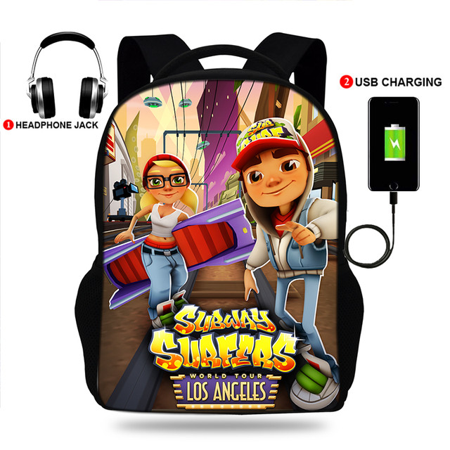 17inch Subway Surfers Game Girls &Boys Backpack Oxford USB Charge